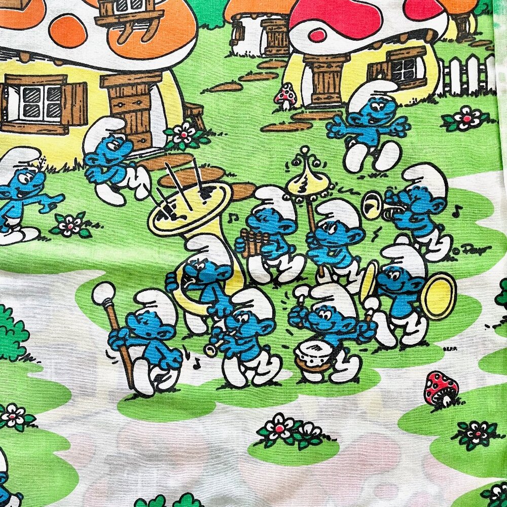 Vintage 1980s Smurf Sheet Set w Fitted Bottom + Flat Top + Pillowcase Peyo Retro - Picture 12 of 14